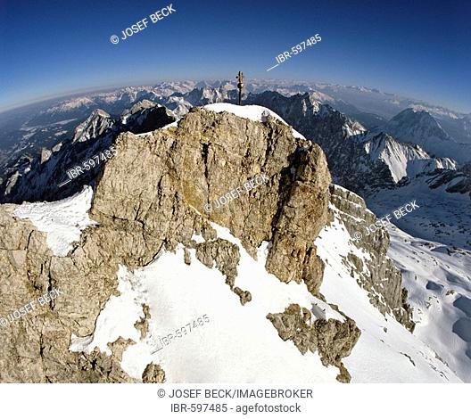 Fisheye lens, summit cross at 2962 m or 9718 ft on the Zugspitze, Germany's highest mountain, Wetterstein Range, Werdenfels Region, Upper Bavaria, Bavaria