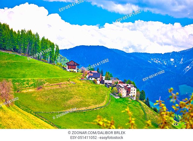 Idyllic alpine vilage on the slope, Antermoia in Val Badia, South Tyrol, Alps of Italy