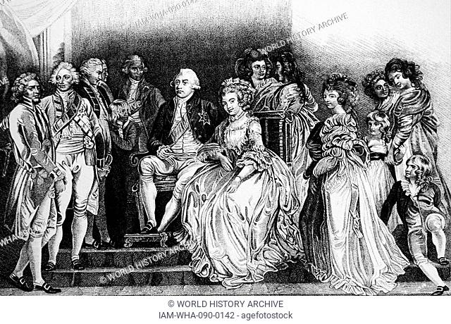 Illustration depicting King George III (1738-1829) with his Consort Charlotte Sophia (1744-1818) and their family, including King George VI (1762-1830)