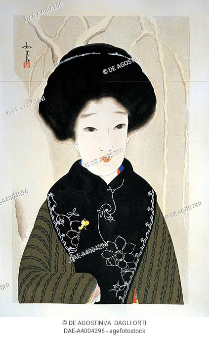 Japan - Taisho-Showa period - Hamada Josen (1875 - ?) - December. Bijin (beauty) in winter attire (1924) - Series: New Ukiyo-e beauties - Xylography - Oban...