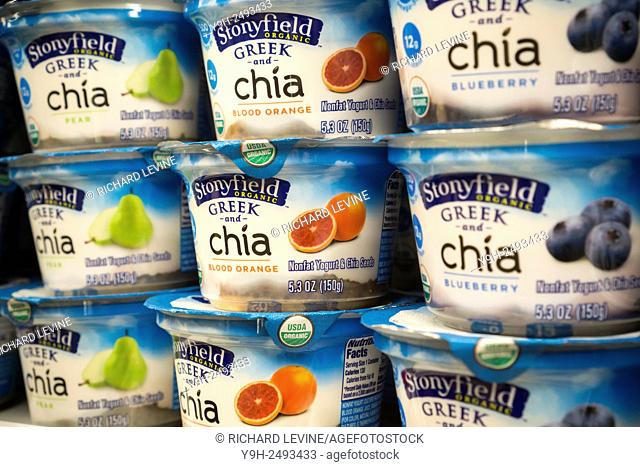 Containers of Stonyfield organic Greek style yogurt with the addition of Chia seeds, another popular food fad item