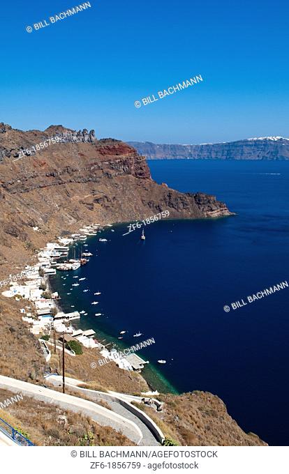 Harbor with boats in isolated village of Thirassia across from Santorini Greece in Greek Islands