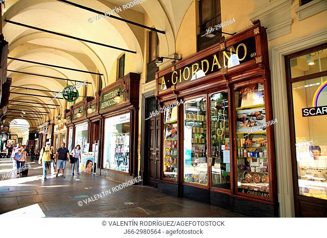 Passage in the Piazza Lagrange in Turin with Giordano's chocolate shop, one of the traditional chocolate shops in the city . Italy