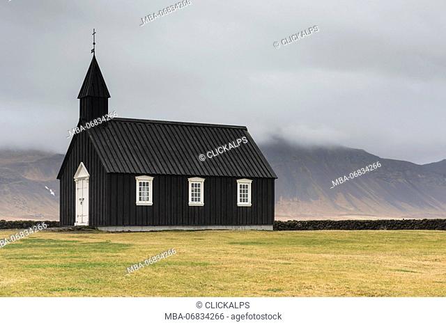 Budir, Snaefellsnes Peninsula, Western Iceland, Iceland. The black church of budir