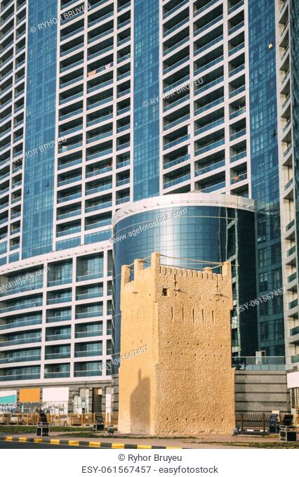 Ajman, United Arab Emirates. Ancient Old Stone AlMurabbaa Watchtower Of Ajman. Famous Landmark