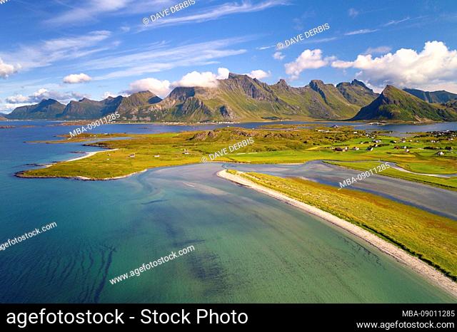 Sandbot, Yttersand, Fredvang, bay, mountains, aerial view, Moskenesoya, Lofoten, Norway, Europe