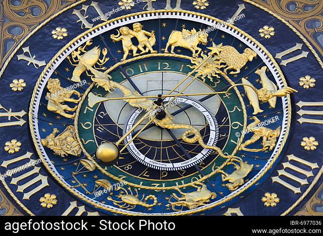 Richly decorated astronomical clock with signs of the zodiac at the town hall, Ulm, Baden-Württemberg, Germany, Europe