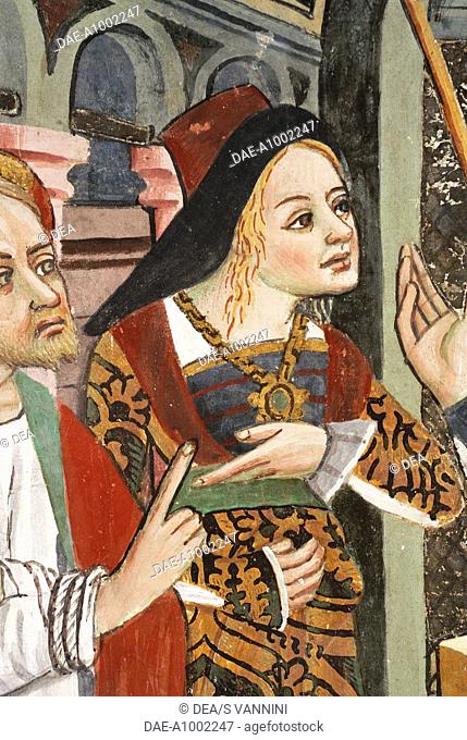 Noble woman wearing medieval clothes, detail from Jesus before Pilate, fresco, by Giovanni Canavesio, 1491, in the Notre-Dame des Fontaines Chapel, La Brigue
