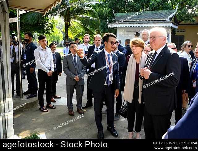 15 February 2023, Cambodia, Phnom Penh: German President Frank-Walter Steinmeier and his wife Elke Büdenbender are guided through the Tuol Sleng Genocide Museum...