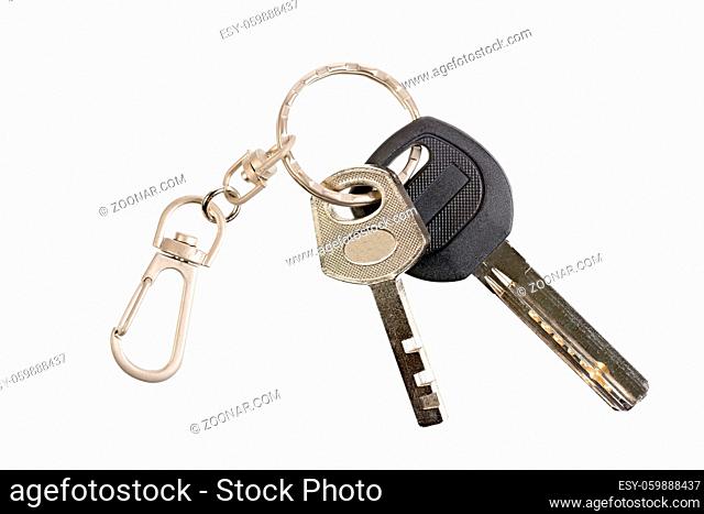 Two key from the door lock on the ring. Isolated on white background. Clipping path is saved
