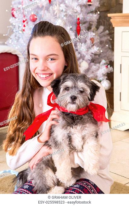 Happy Girl holding a Puppy at Christmas. She is looking at the Camera and the Puppy has a red bow around it's neck