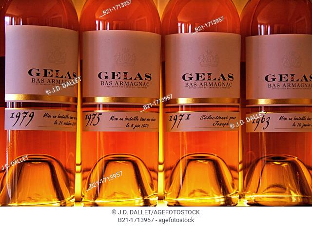 Selection of armagnacs from 'Armagnac Gelas' at Vic-Fezensac, Gers, Midi-Pyrenees, France