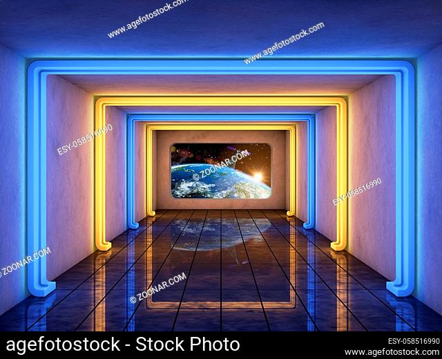 Futuristic corridor with a view of the Earth. 3D rendering. Elements of this image furnished by NASA
