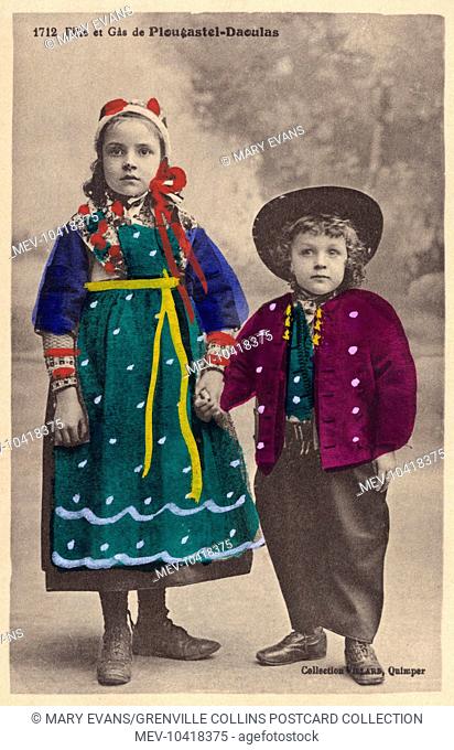 A boy and girl (brother and sister?) from Plougastel-Daoulas, near Quimper, France