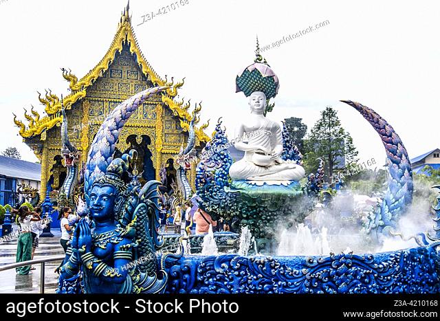 Fountain at the Blue Temple (Wat Rong Suea Ten or Temple of the Dancing Tiger) in Chiang Rai, Thailand, Asia. Blue is symbolically associated with purity