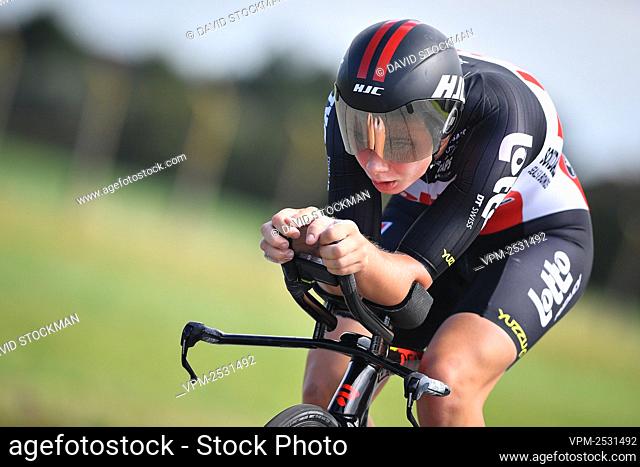 Belgian Lotte Kopecky of Lotto Soudal pictured in action during the women's elite individual time trial race of 28, 4km at the Belgian championships