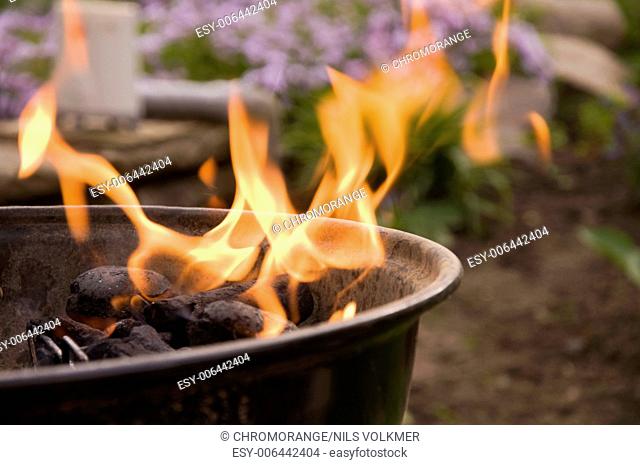 detail of starting barbeque with hot and high flames