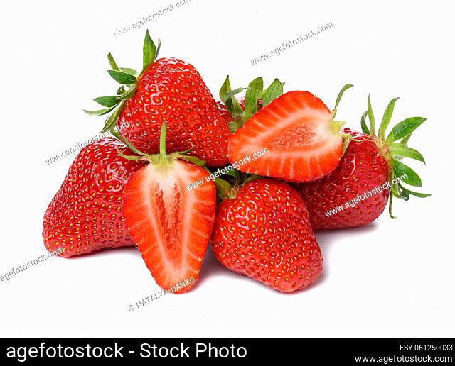 Ripe red strawberry isolated on white background, juicy and tasty berry, close up