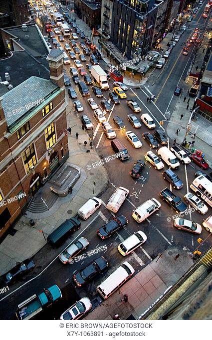 View of traffic at the intersection of Varick and Clarkson, from the 9th floor of a building in West Village, Manhattan, NYC