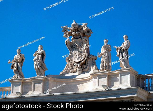 St. Mark Evangelist, Mary of Egypt, Alexander VII Coat of Arms, Ephraim and Theodosia of Tyre, fragment of colonnade of St. Peters Basilica