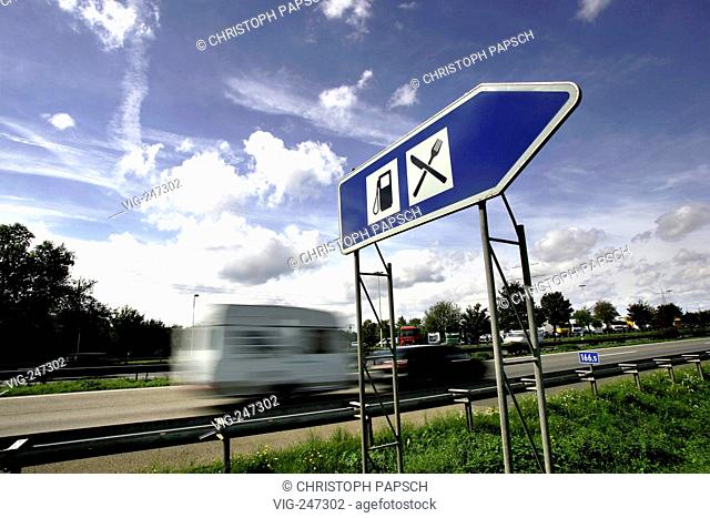 GERMANY, BONN, 29.04.2004, Traffic sign exhibits on a motorway reastaurant.  - Bonn, Nordrhein-Westfalen, Germany, 29/08/2004
