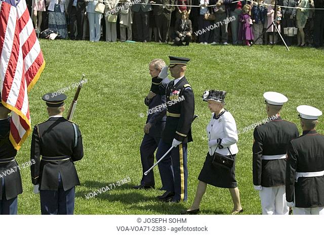 President George W. Bush and Queen Elizabeth II reviewing the troops in front of the South Lawn of the White House for the May 7