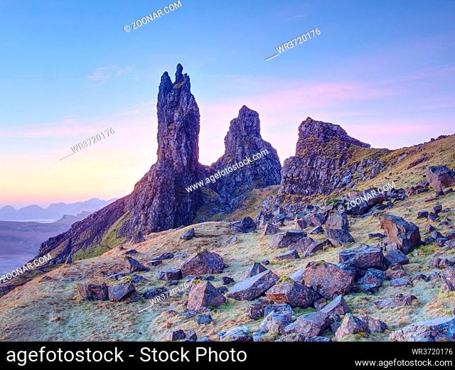 Old Man of Storr rocks with clear sky Isle of Skye Scotland, cold February morning