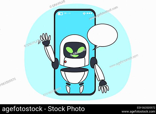 Virtual assistance on app on modern cellphone help customer with problem solution. Chat bot or robotic digital helper communicate with client on smartphone