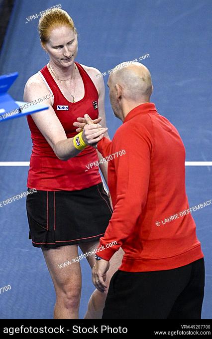 Belgian Alison Van Uytvanck looks dejected after a tennis match between Belgian van Uytvanck and Australian Sanders, match one of the tie between Belgium and...