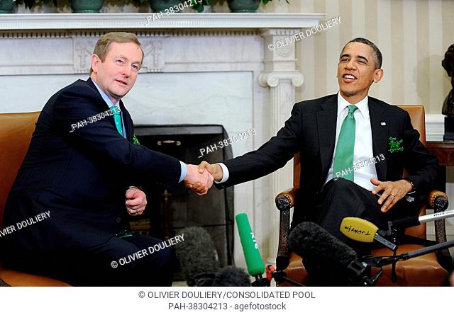 United States President Barack Obama (R) meets Irish Prime Minister Enda Kenny in the Oval Office of the White House in Washington, DC