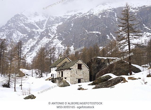 Derelict house with attached barn in the mountain village of Crampiolo. Baceno Municipality. Province of Verbano-Cusio-Ossola. Piemonte. Italy