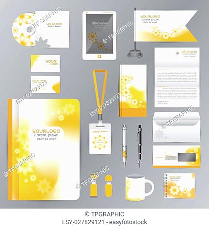 White identity template with Yellow Flower origami elements. Vector company style for brandbook guideline and Pens mugs CDs books business cards letterhead flag...