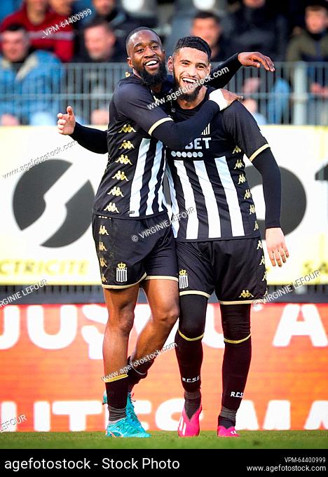 Charleroi's Isaac Mbenza celebrates after scoring during a soccer match between Sporting Charleroi and SV Zulte Waregem, Saturday 08 April 2023 in Charleroi