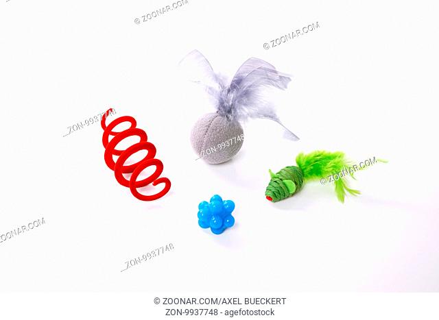 various colorful cat toys including toy mouse