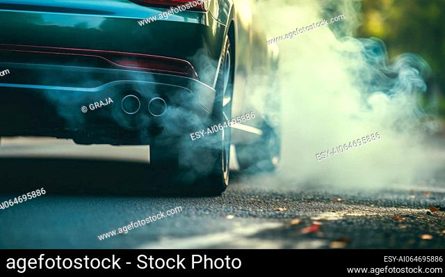 Car exhaust pipe with thick smoke, air pollution from diesel vehicle. Combustion fumes coming out of car exhaust pipe