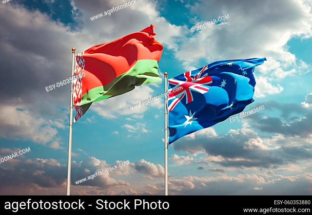 Beautiful national state flags of Australia and Belarus together at the sky background. 3D artwork concept
