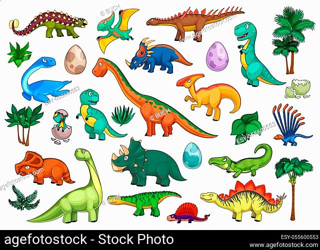 Dinosaurs cartoon set with cute dino animals, babies in eggs and palm trees. Funny triceratops, stegosaurus, brontosaurus, t-rex and tyrannosaurus, pterodactyl