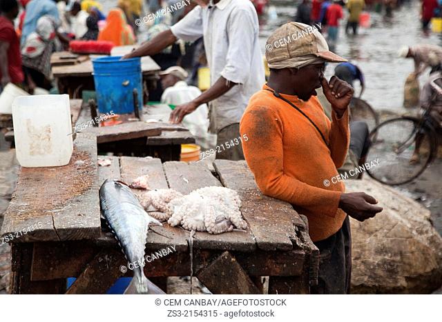 Vendors at the daily fish market by the seaside, Stone Town, Unguja Island, Zanzibar Archipelago, Tanzania, East Africa
