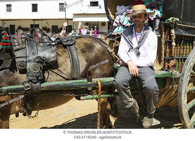 Pilgrim at his decorated carriage during the annual Pentecost pilgrimage of El Rocio. Huelva province, Andalusia, Spain