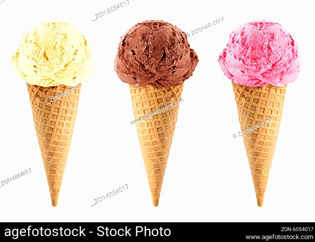 Chocolate, vanilla and strawberry Ice cream in the cone on white background with clipping path