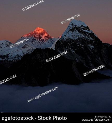 Last light of the day illuminating majestic Mount Everest
