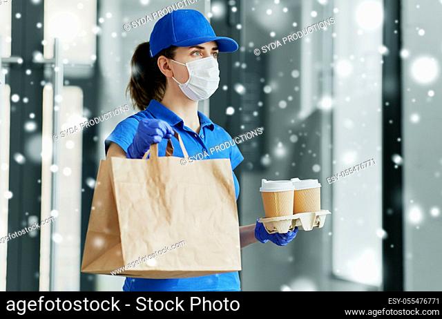 delivery woman in face mask with food and drinks