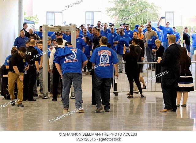 Members of the carpenters union make a loud enterance at the Nevada Democratic Rally with Senator Time Kaine prior entering a security point with metal dector...