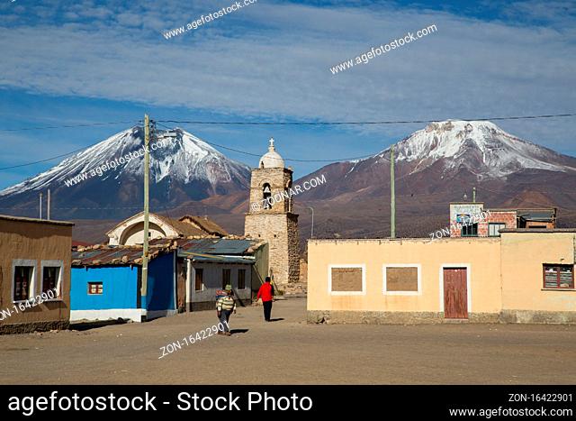 Sajama, Bolivia - October 27, 2015: Town square and people in Sajama in Sajama National Park, Bolivia