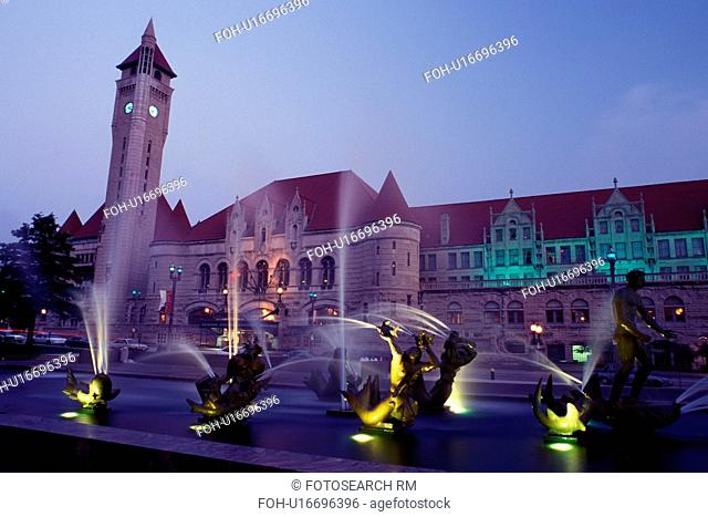 St. Louis, MO, Missouri, View of Union Station and Milles Fountain from Aloe Plaza at night in downtown Saint Louis