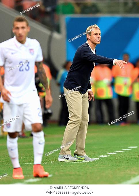 Head coach Juergen Klinsmann of USA reacts during the FIFA World Cup 2014 group G preliminary round match between the USA and Portugal at the Arena Amazonia...