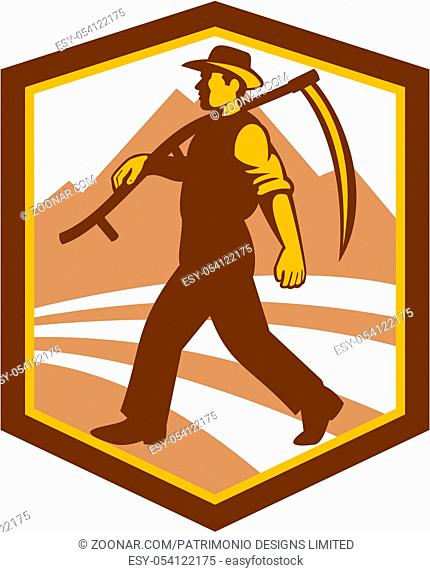 Illustration of a farmer farm worker holding scythe walking facing side set inside shield crest on isolated background done in retro style