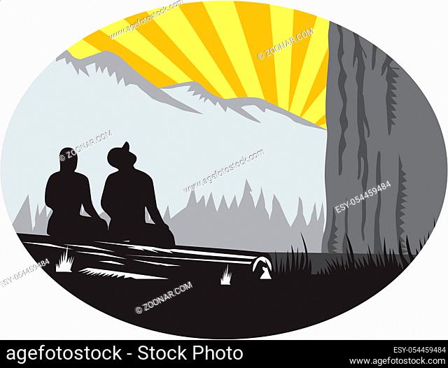 Illustration of two trampers campers sitting on a log, one female and one male looking up to the mountain set inside oval shape with sunburst in the background...