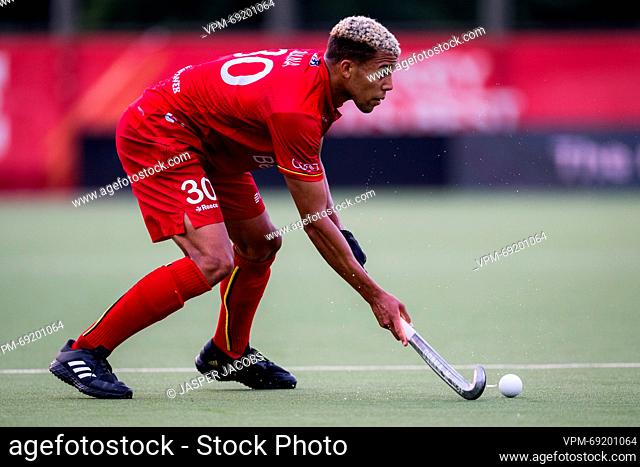 Belgium's Nelson Onana pictured in action during a hockey game between Belgian national team Red Lions and New Zealand, match 8/12 in the group stage of the...