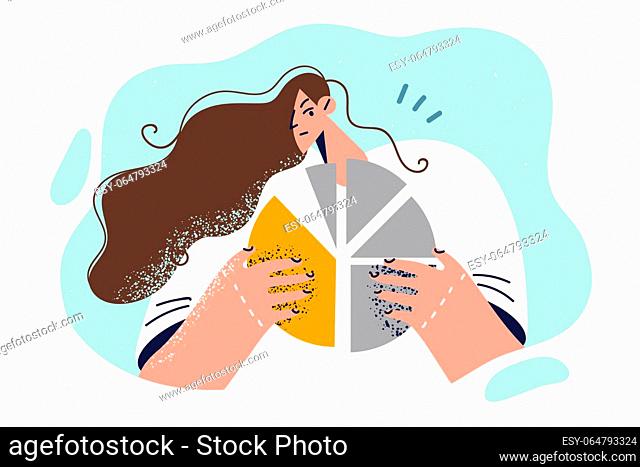 Upset woman with chart in hands, symbolizing financial problems and lack of money due to crisis or recession. Sad girl with eyes closed holds round chart...